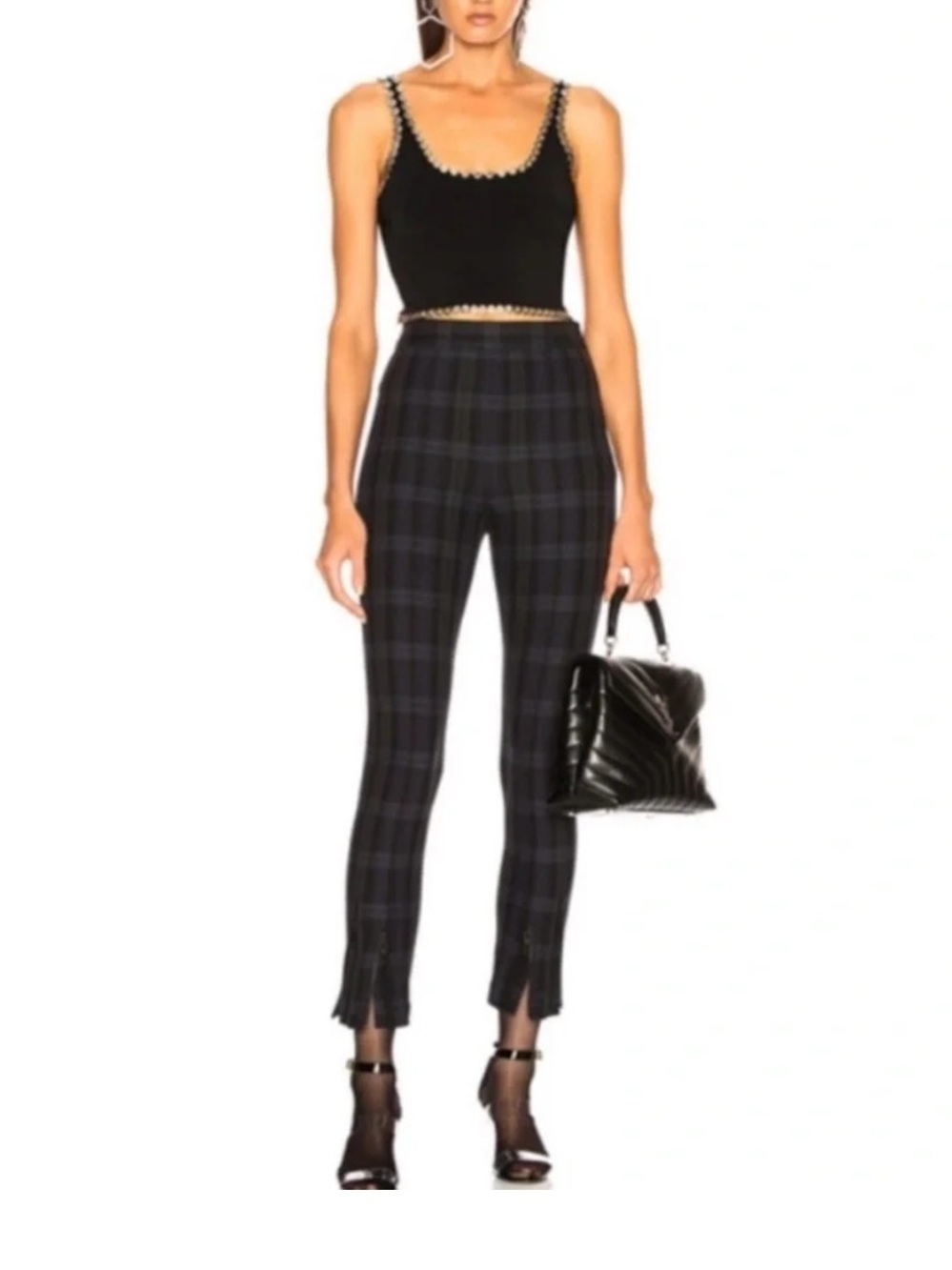 T Alexander Wang Navy Green Plaid Double Zipper Cuff Skinny Leg Pants